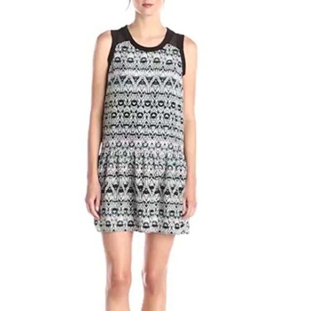 OLIVE AND OAK Medium Black White Dress Mesh Geometric Drop Waist Peplum Hem Mini